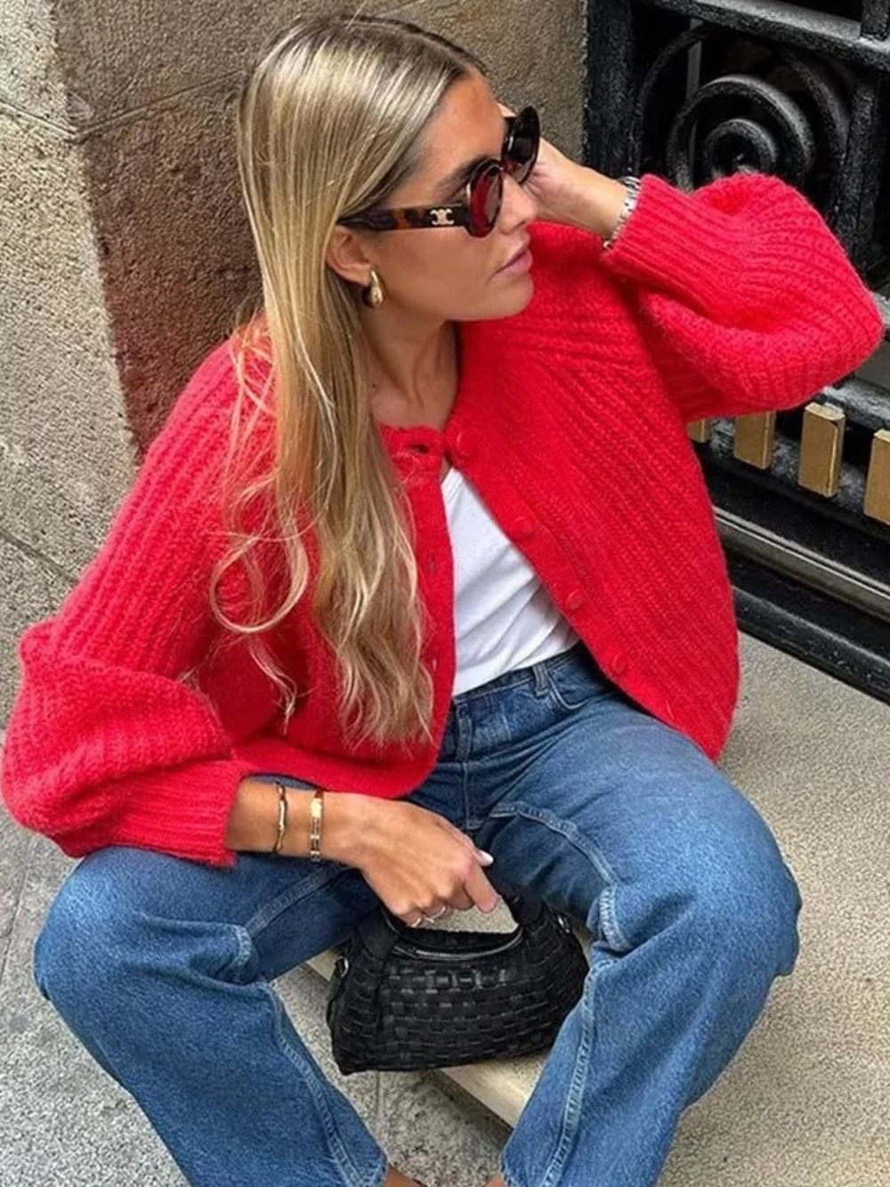 SEZANE Bright Red Alpaca Wool Knit Crew Neck Oversized Emile Cardigan Sweater
